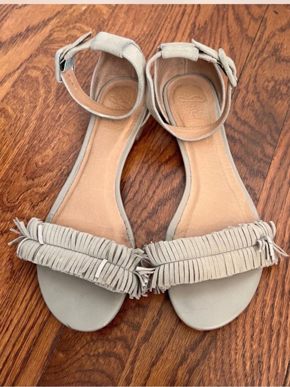 joie taupe gray lyla suede fringe ankle buckle sandals flat